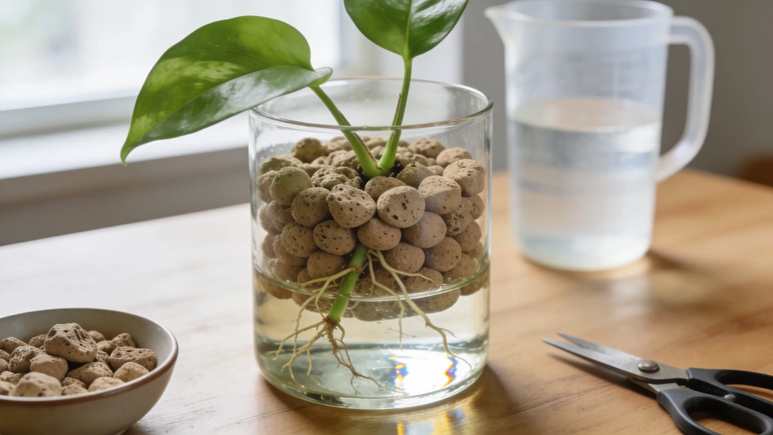 Pothos cutting placed in LECA inside a clear glass container with visible water reservoir at the bottom