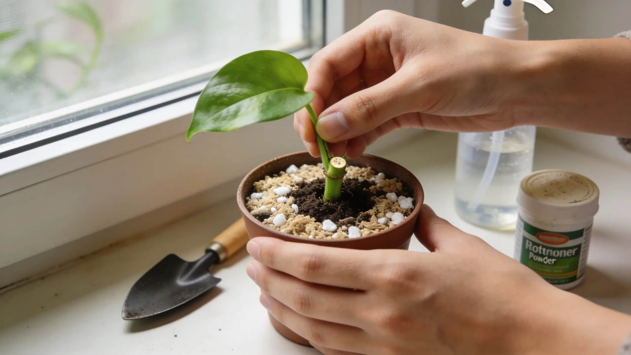 Pothos cutting being inserted into a small pot of soil with a pencil-made hole and light potting mix