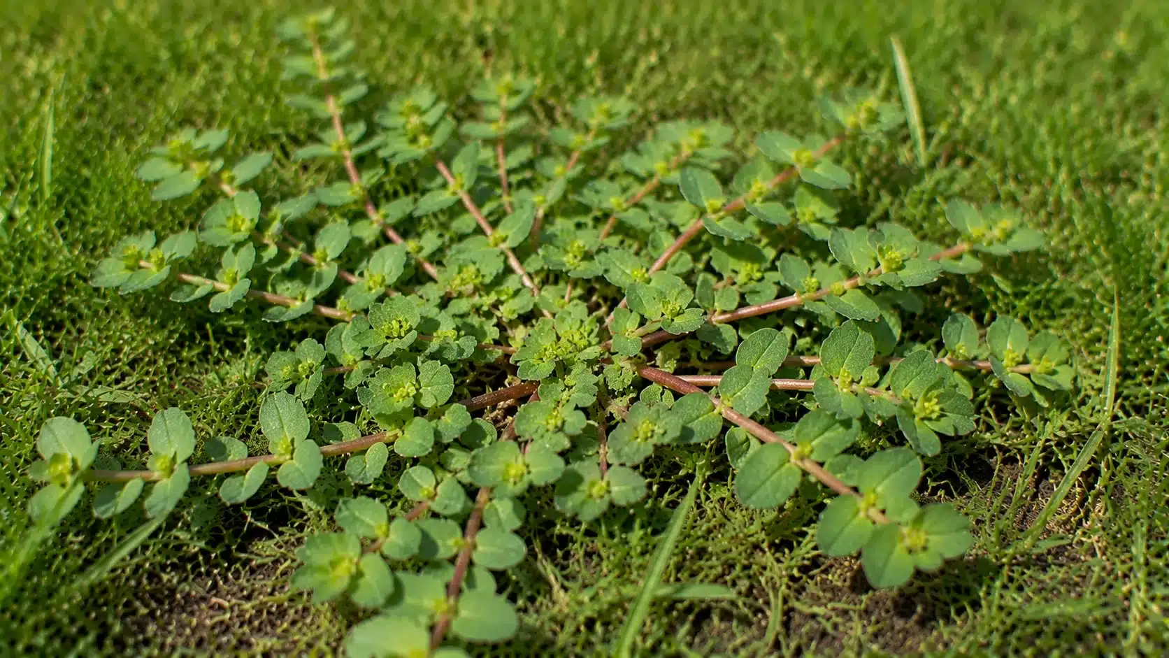 Prostrate spurge forming a low mat across a lawn with reddish stems, small oval leaves, and tiny flowers spreading over bare ground.