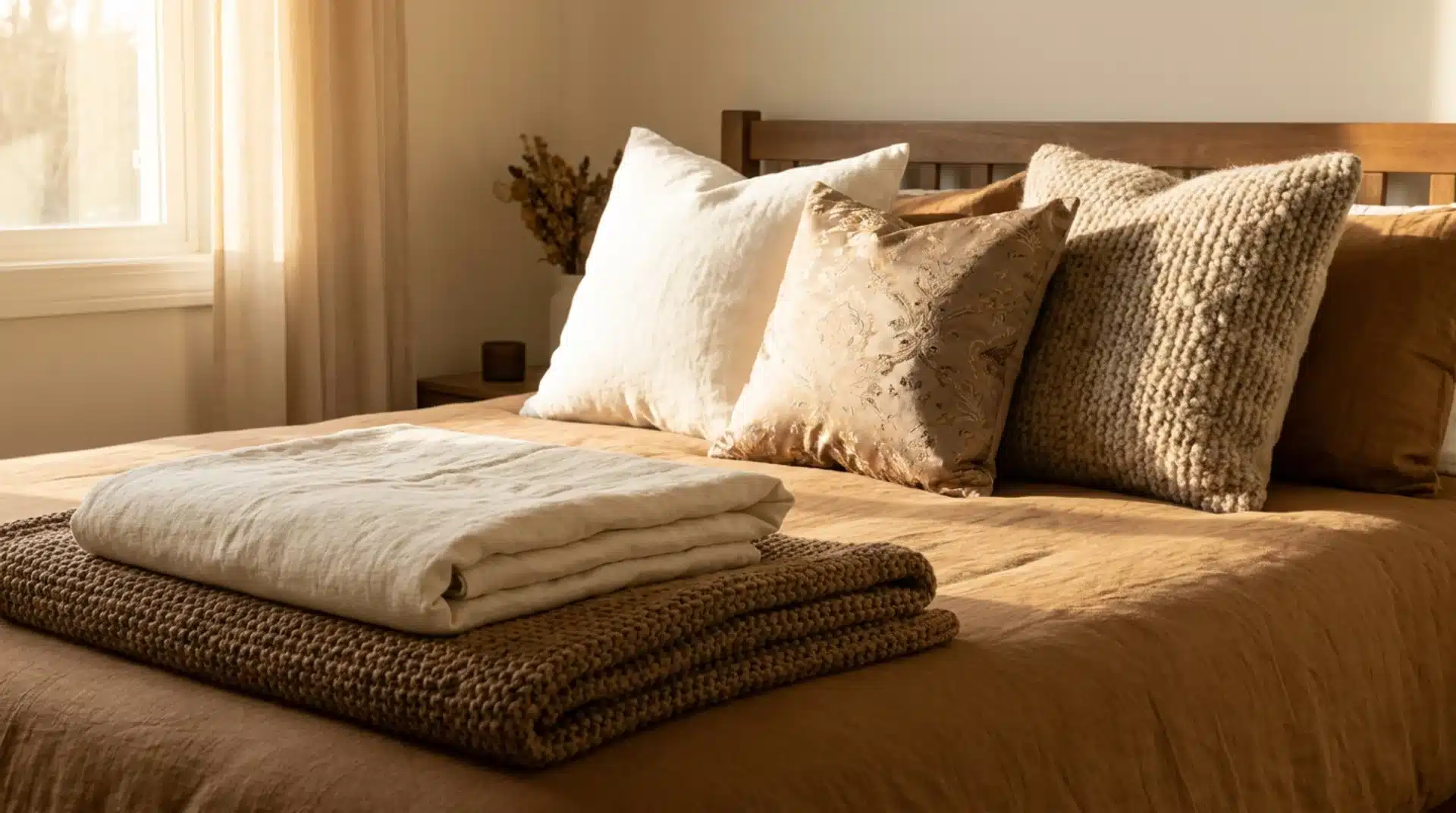 Guest bed with multiple pillow options and a light blanket and knitted throw stacked at the foot.