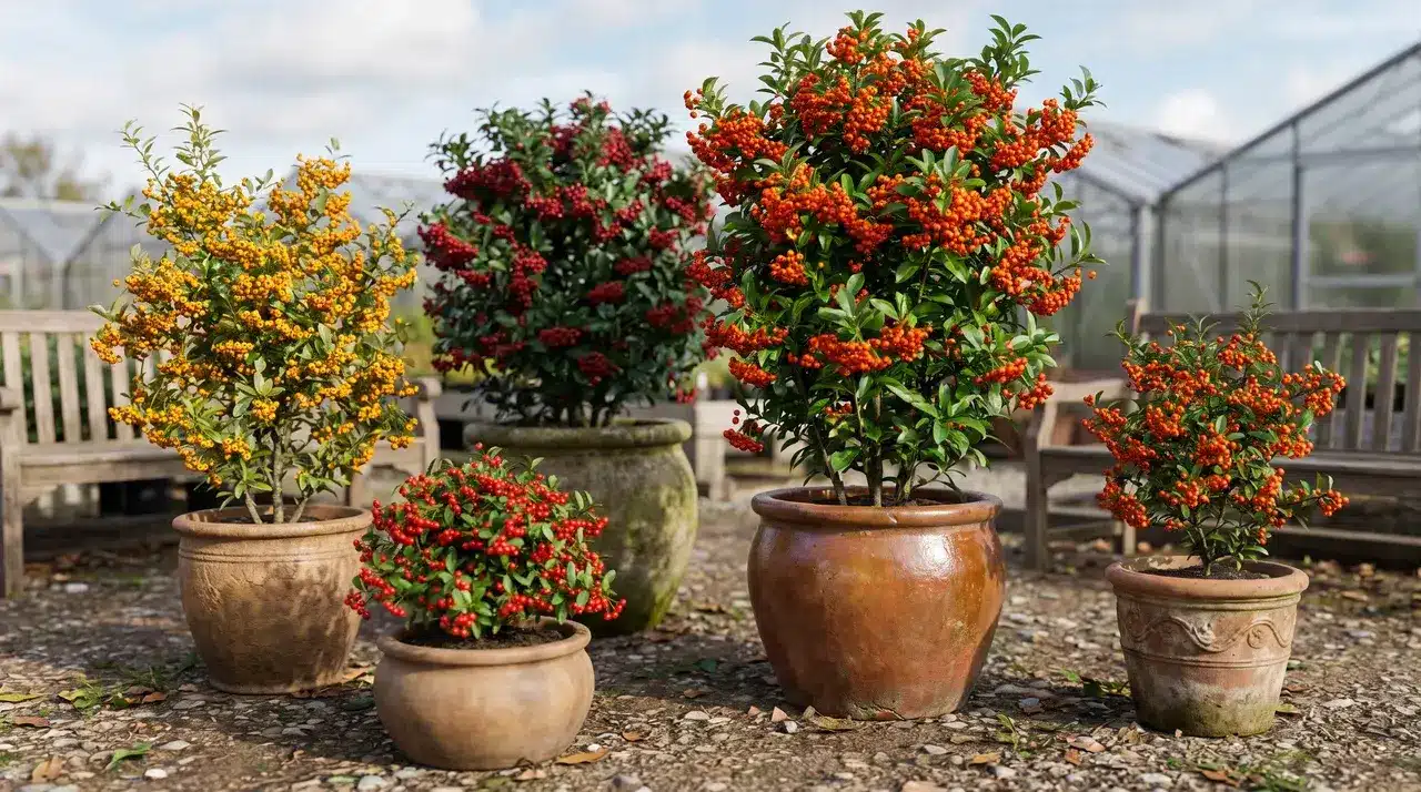 Different Pyracantha bush varieties with varying berry colors and sizes displayed in garden pots.