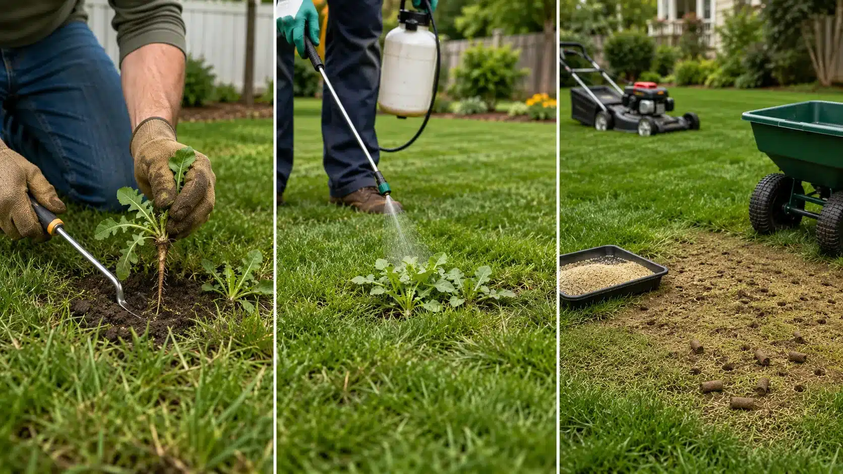Three lawn weed removal methods showing hand pulling weeds, applying herbicide, and improving grass health with lawn care tools