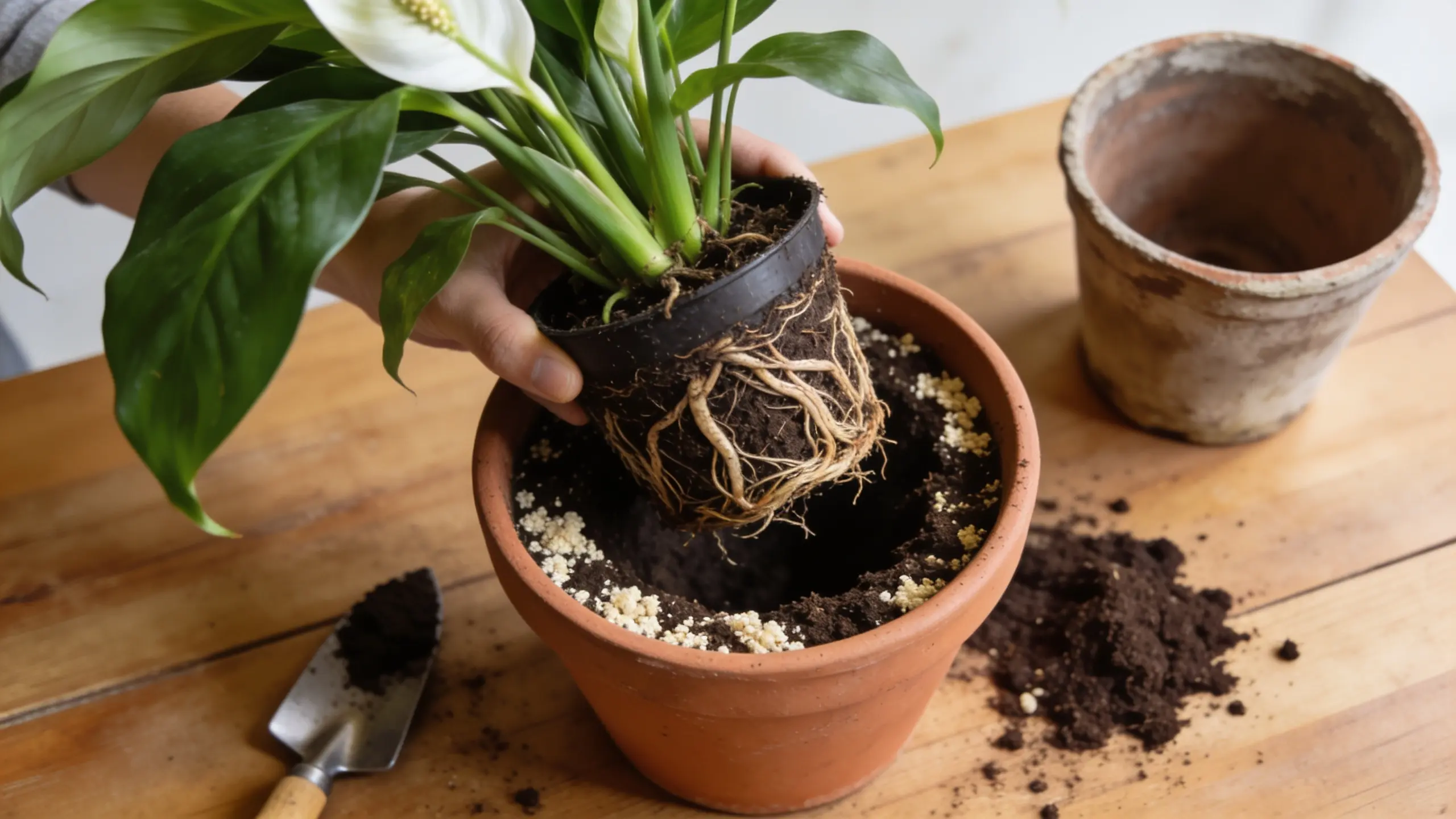 Peace lily being repotted into a larger pot with fresh soil and visible root ball