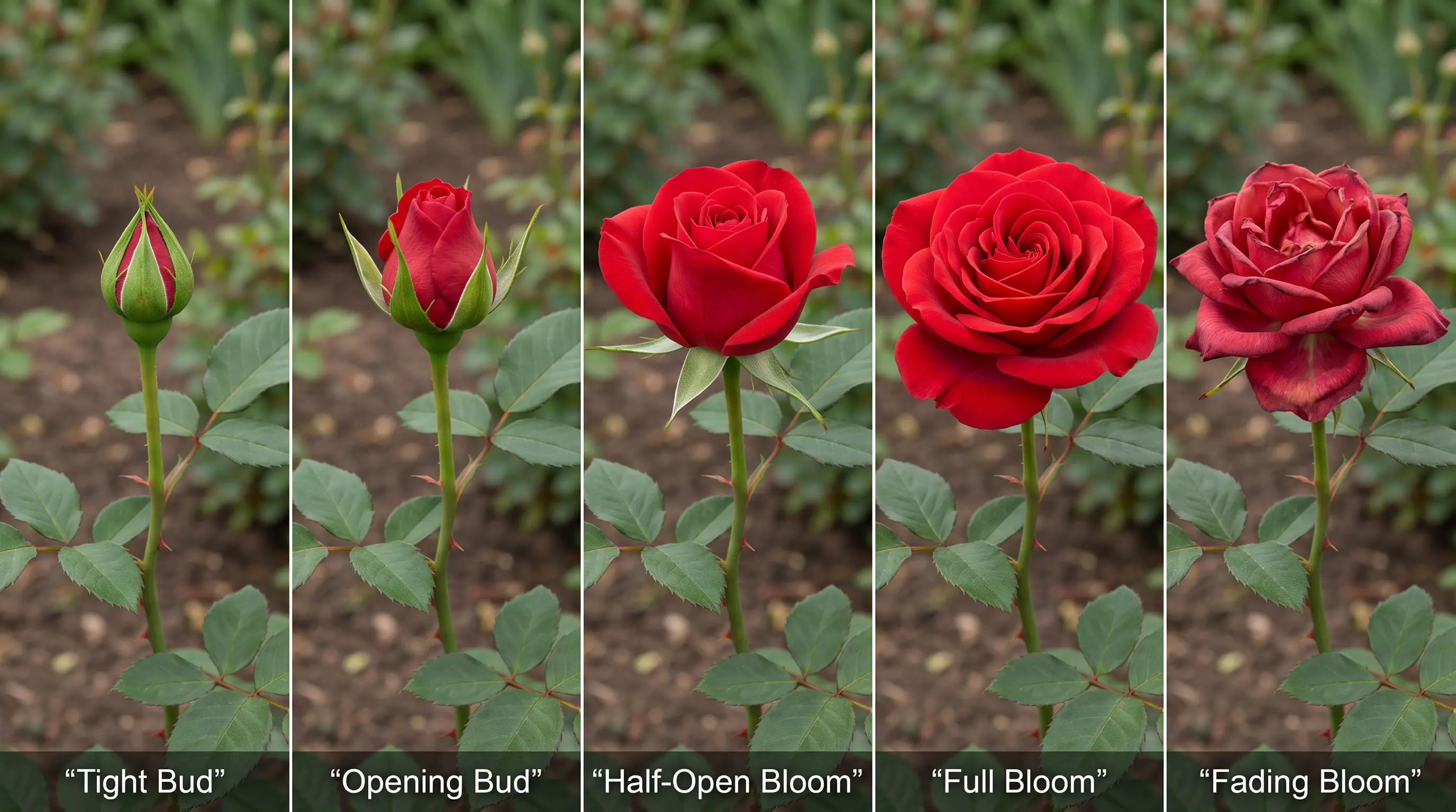 Five-stage sequence of a rose bloom from bud to full bloom to fading flower
