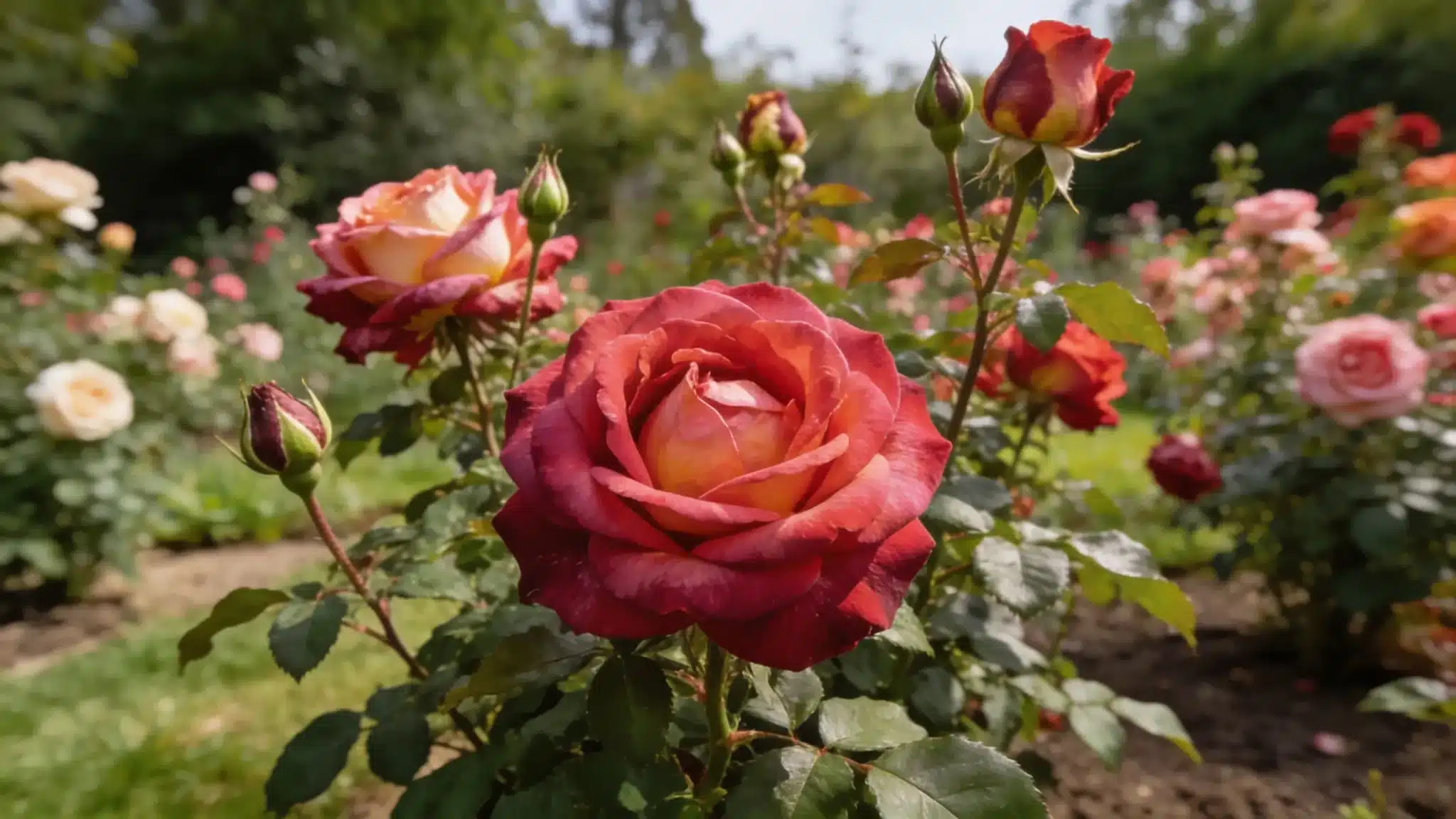 Lush rose garden with multiple rose bushes in different bloom stages under natural daylight in a wide garden view