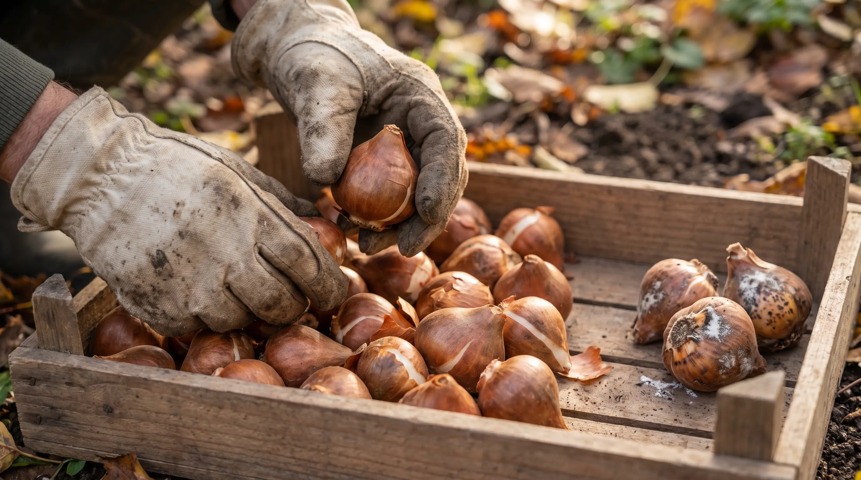 Gardener’s hand selecting firm healthy tulip bulbs from a wooden tray