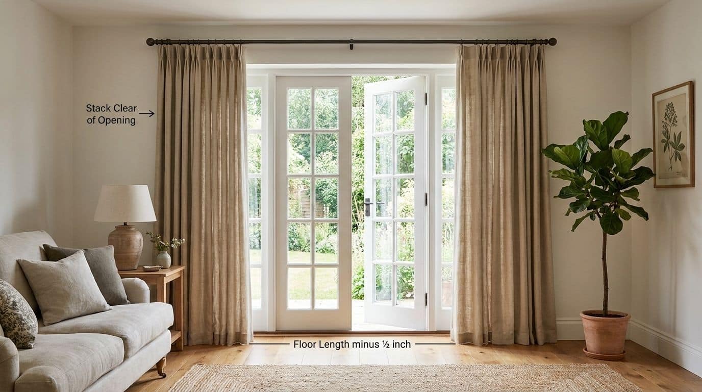 French doors with stone linen curtains stacked fully clear of the opening on both sides, with annotations marking the floor-length hem and stack clearance.