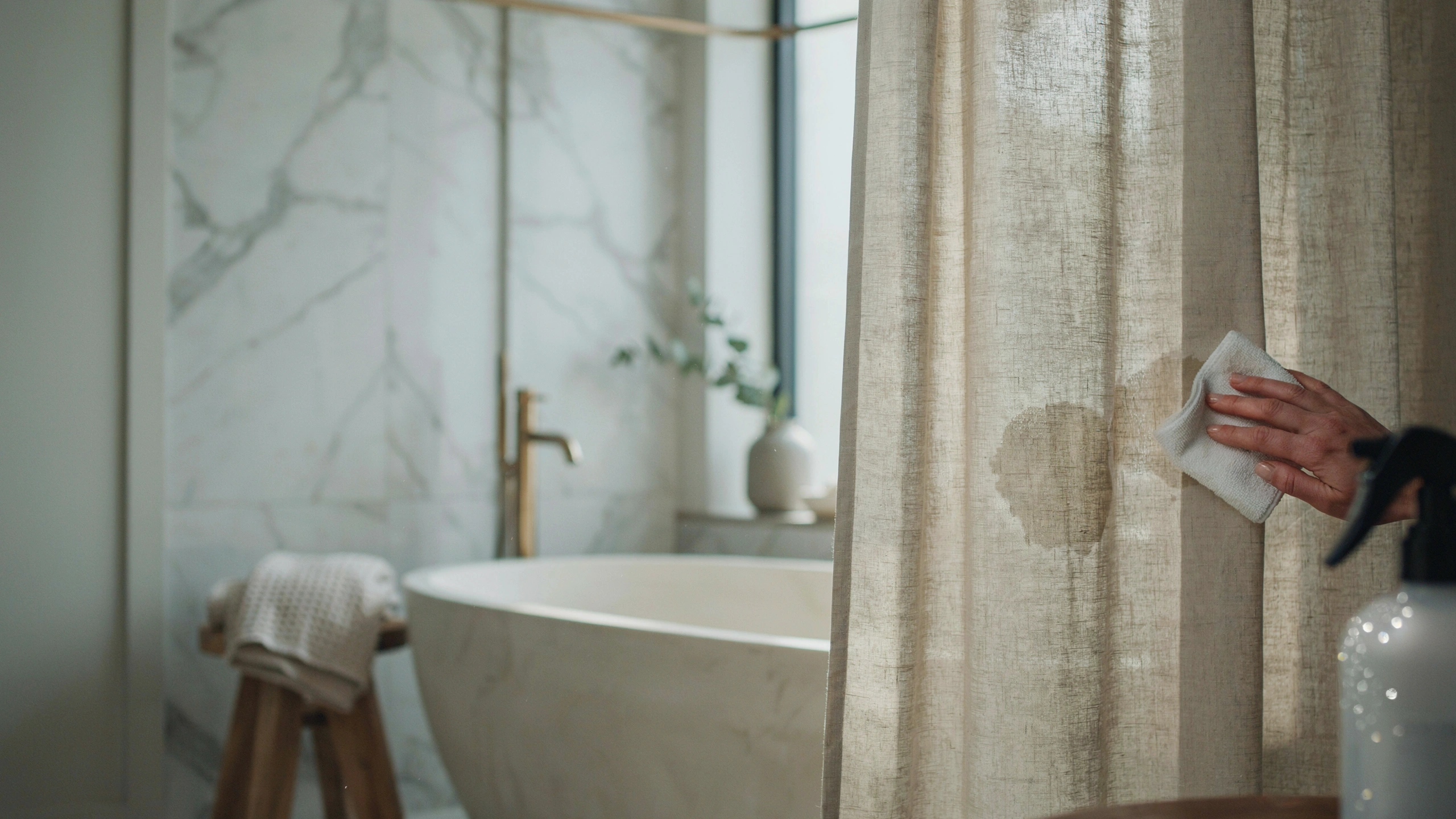 Close-up of shower curtain being treated with a spray bottle and cloth to remove small stains without full washing.