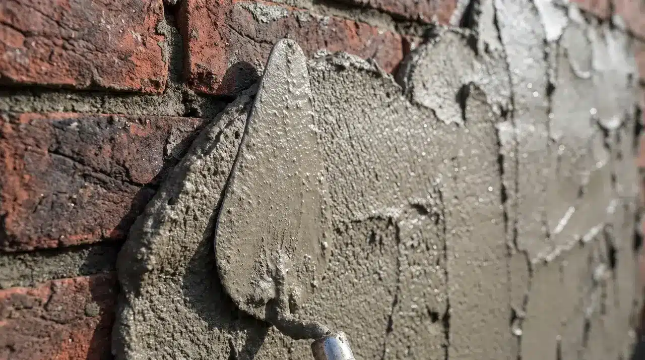 Step one in how to render a wall showing scratch coat applied to brickwork in natural light.