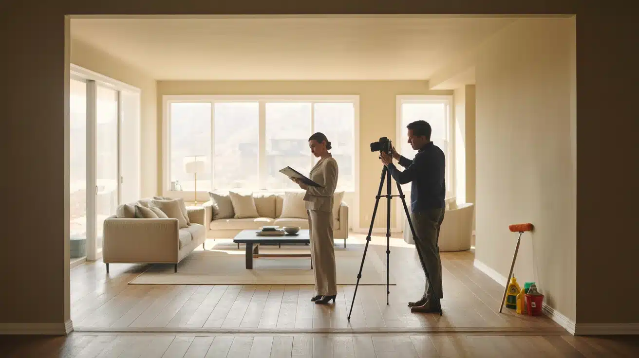 A real estate photographer is photographing a modern living room while an agent reviews notes.