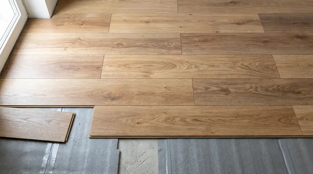 Final row of laminate planks being fitted over the underlay to complete the floor.