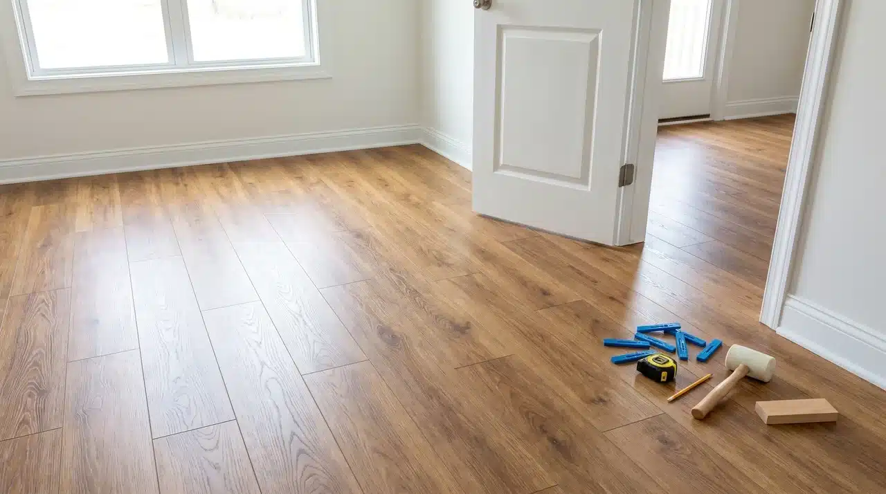 Finished laminate flooring with installed baseboards and doorway transition trim.