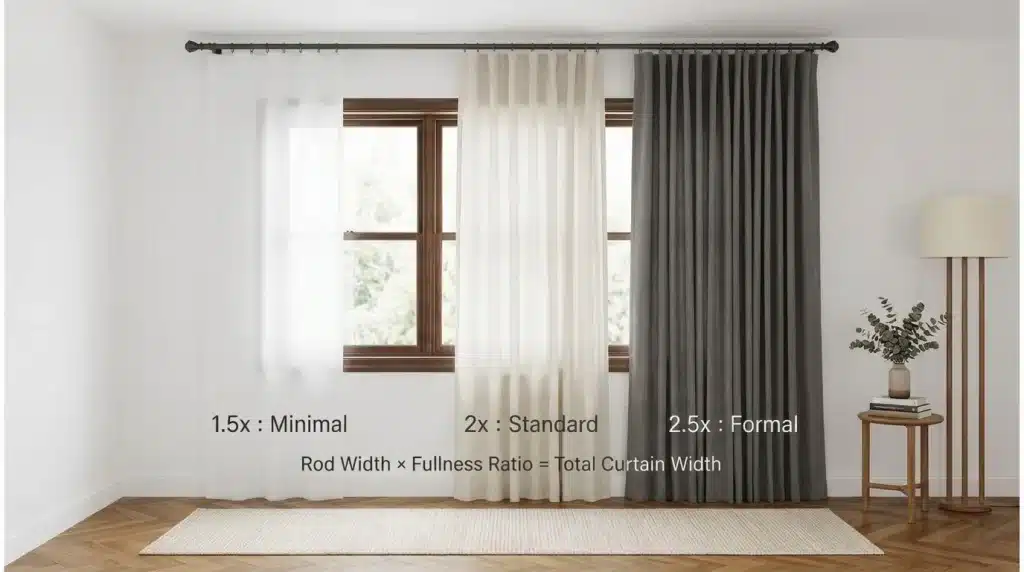 Curtain fullness comparison showing minimal 1.5x, standard 2x, and formal 2.5x fabric widths across a living room window.