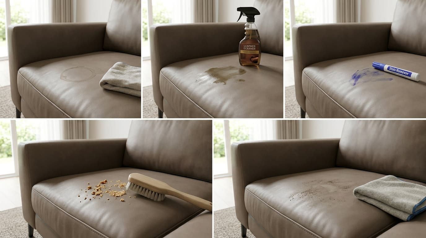 Identifying coffee, oil, ink, food, and dirt stains on a leather couch