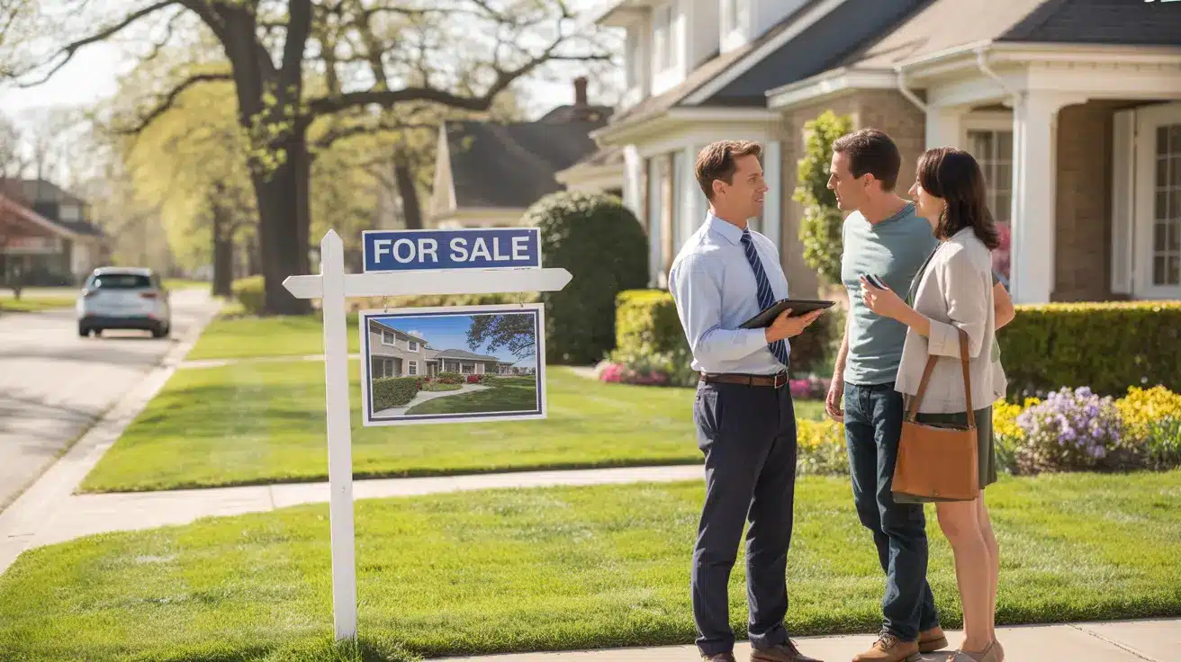 Real estate agent showing a home to prospective buyers outside a house.