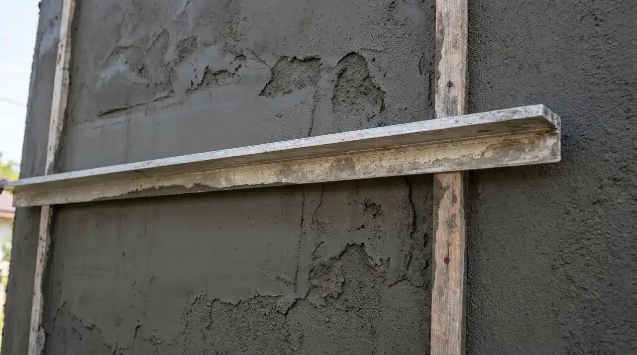 Step two in how to render a wall showing leveling scratch coat using straight edge in natural light.