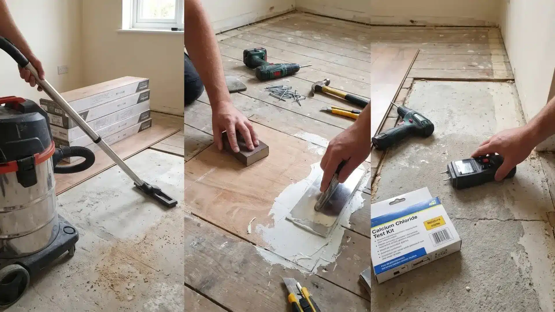 Vacuuming, repairing, and moisture-testing a subfloor before laying laminate flooring.