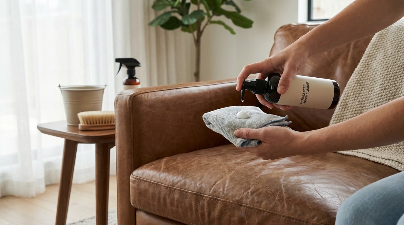 Applying pH-balanced leather cleaner to a couch using a microfiber cloth