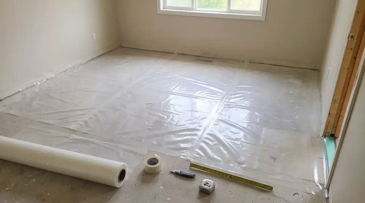 Plastic moisture barrier installed and taped over a concrete subfloor before laying laminate flooring.