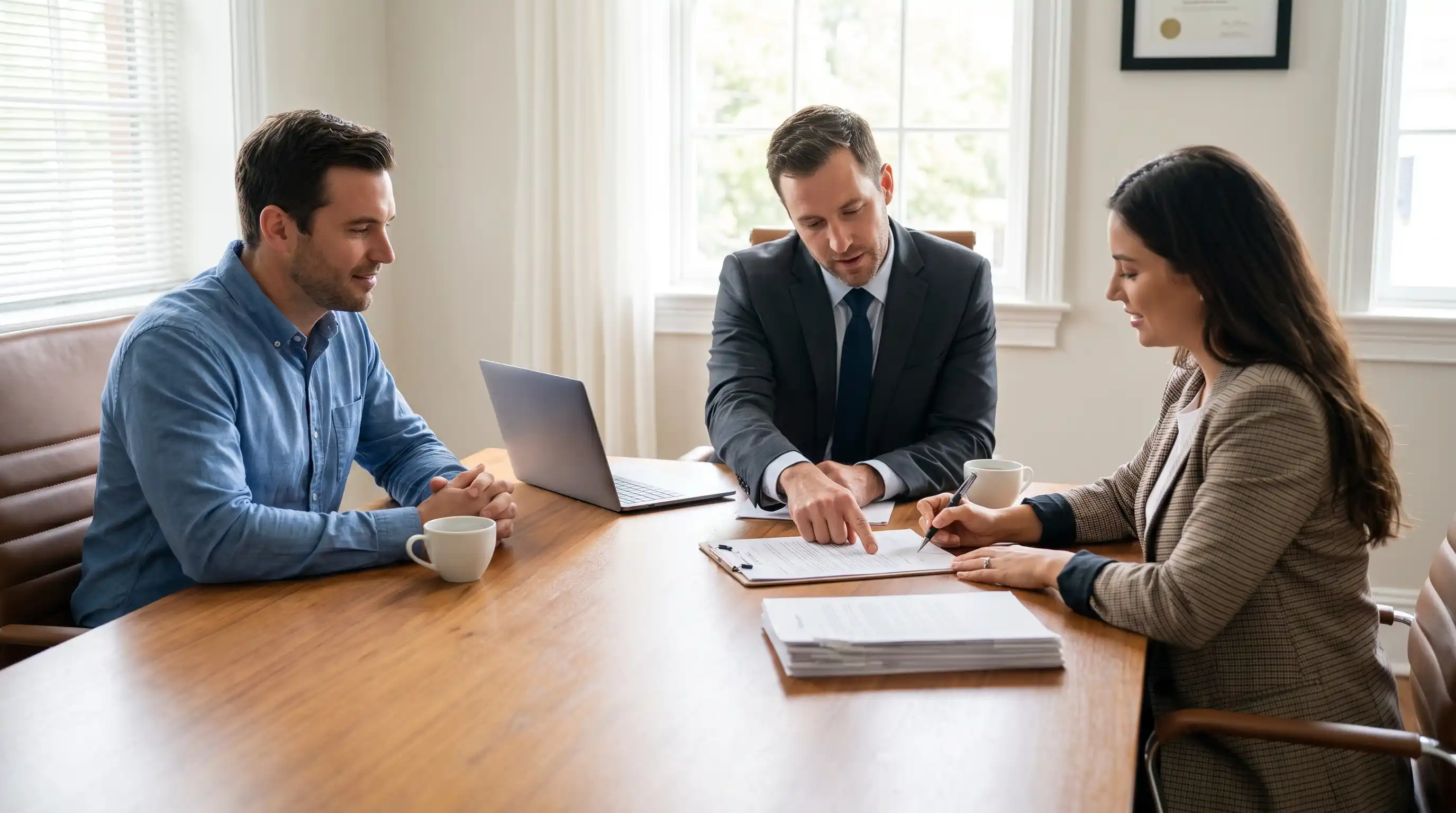Homebuyer signing real estate documents with an agent at a closing meeting.