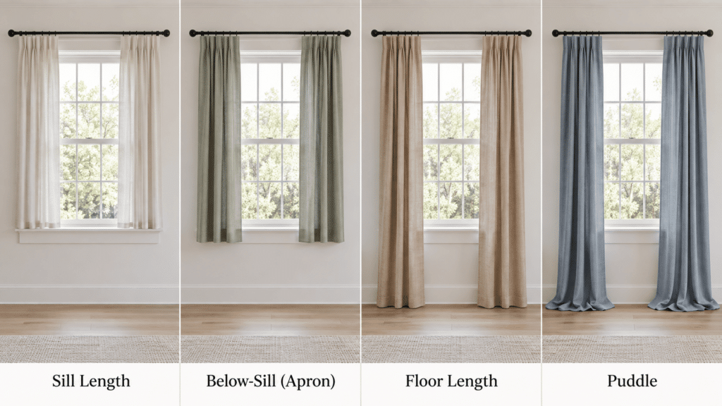 Comparison of sill, below-sill, floor-length, and puddle curtains displayed on four matching windows.