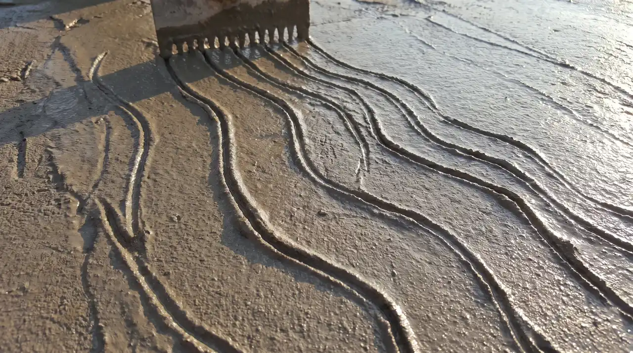 Step three in how to render a wall showing scratch coat scored with wavy lines for bonding.
