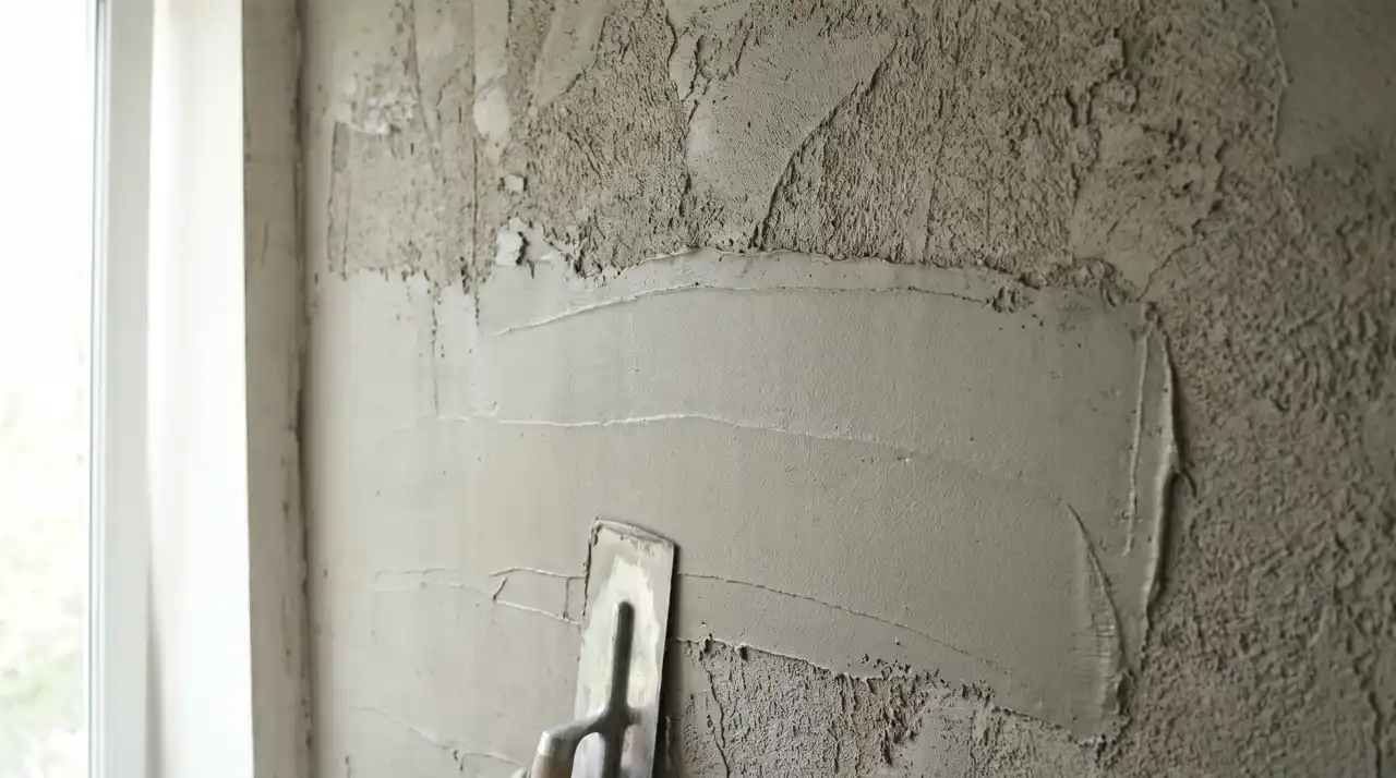 Step four in how to render a wall showing smooth top coat applied over cured scratch base.