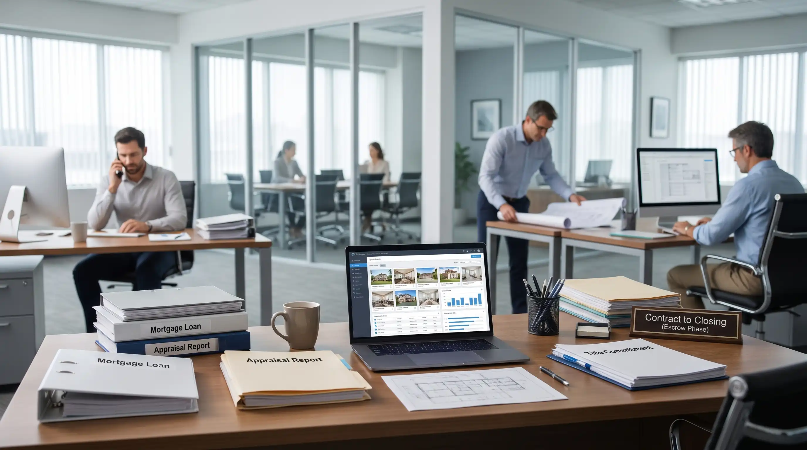 Documents and laptop showing mortgage closing process at office