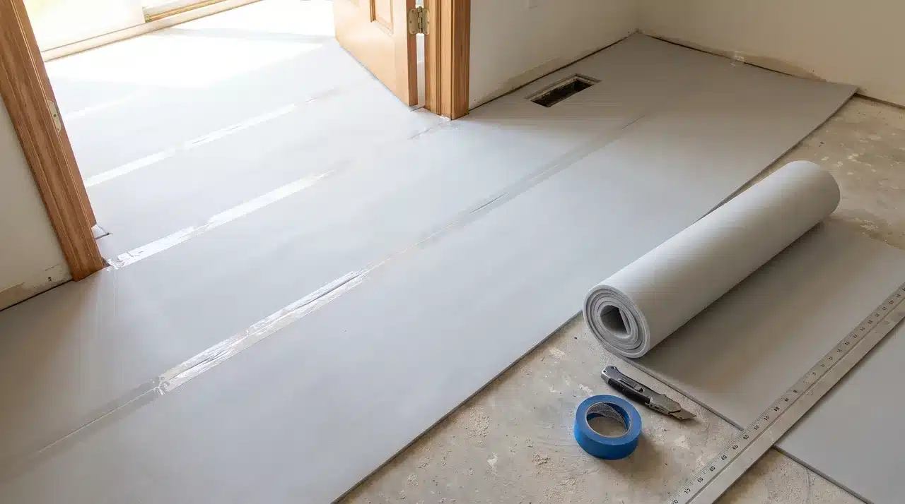 Flooring underlay rolled out and taped securely over a concrete subfloor before laminate installation.