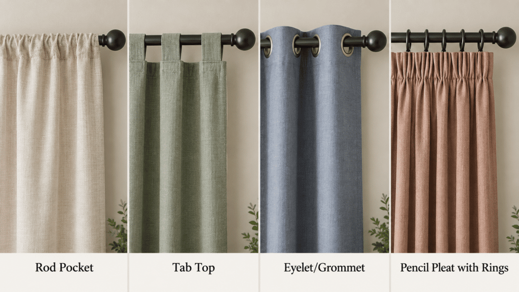 Curtain headings sit differently on the rod, so the correct starting point depends on the style you choose.