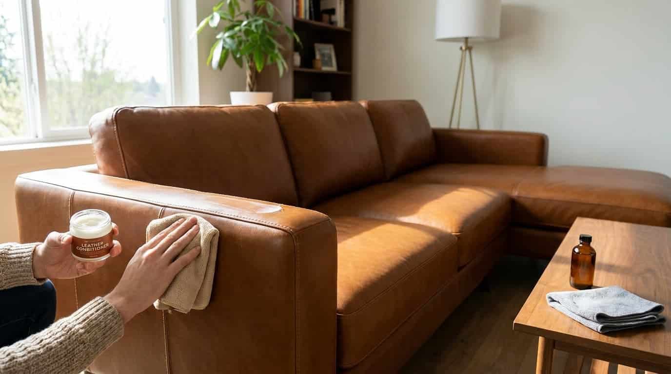 Conditioning and buffing a leather couch to restore softness and shine