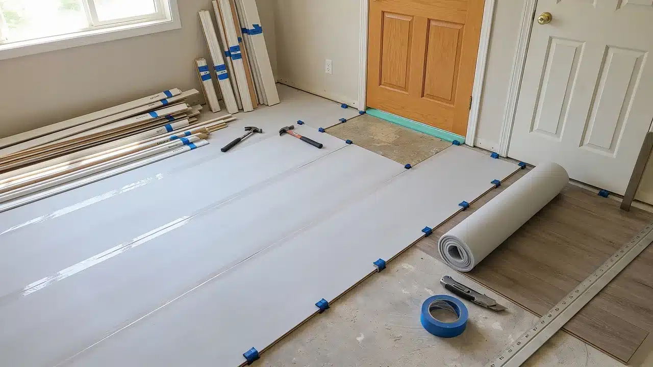 Expansion spacers positioned around the room before installing laminate flooring.