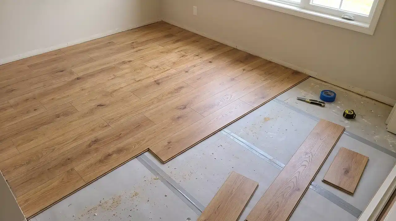 Laminate flooring installed with staggered plank joints over a prepared underlay.