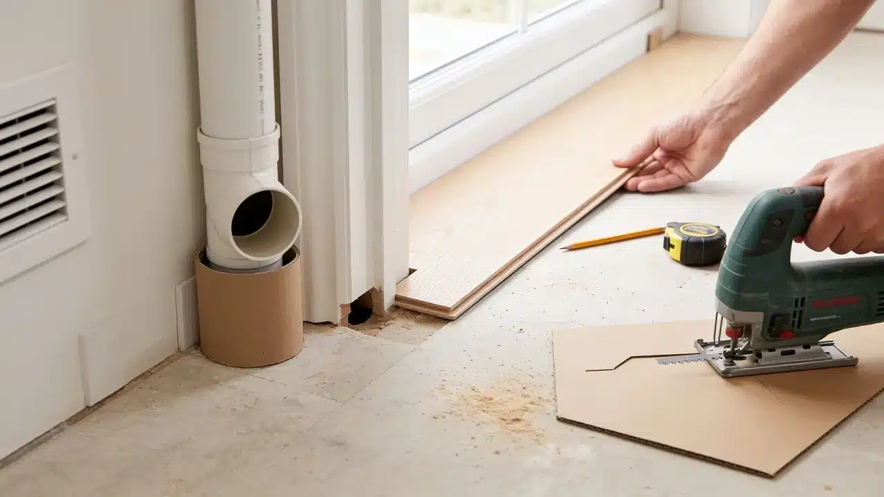 Laminate plank measured and cut to fit around a door frame, pipe, and floor vent.