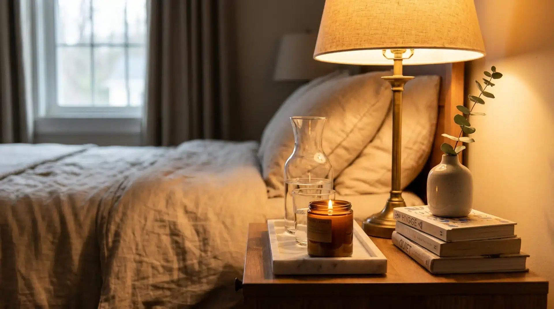 Guest bedroom nightstand with marble tray, candle, water carafe, stacked books, and a bud vase.