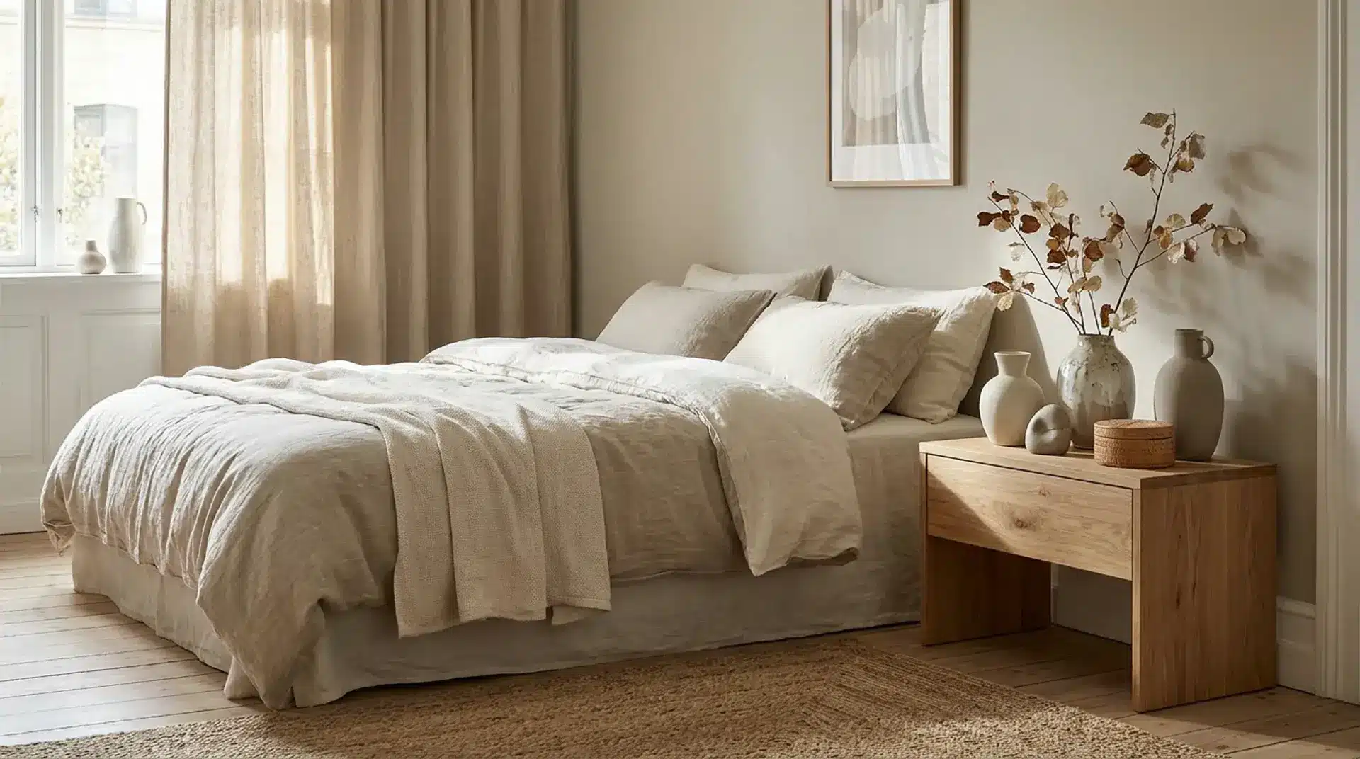 Neutral bedroom styled with ceramic vases, dried branches, linen bedding, and natural décor.