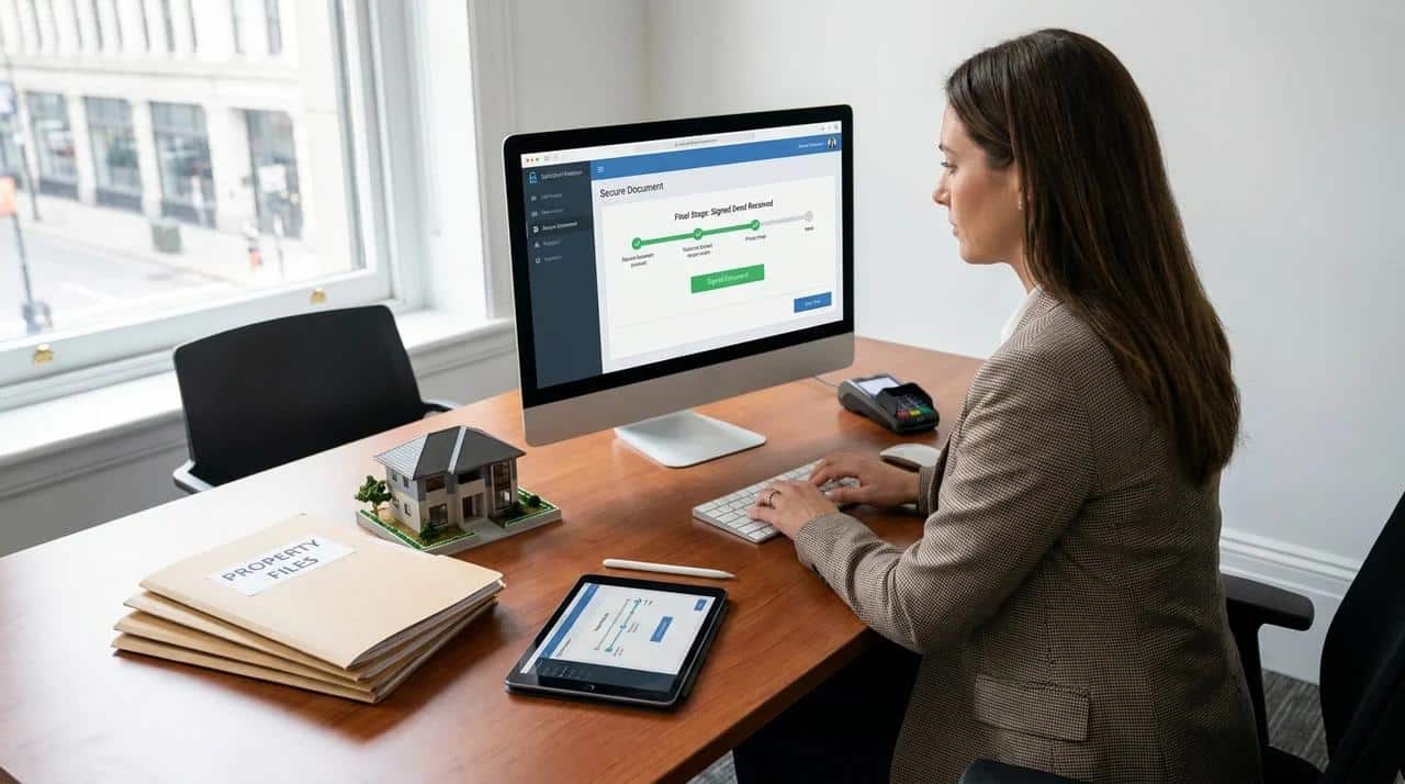 Conveyancer processing a digitally signed mortgage deed after online submission and completion.