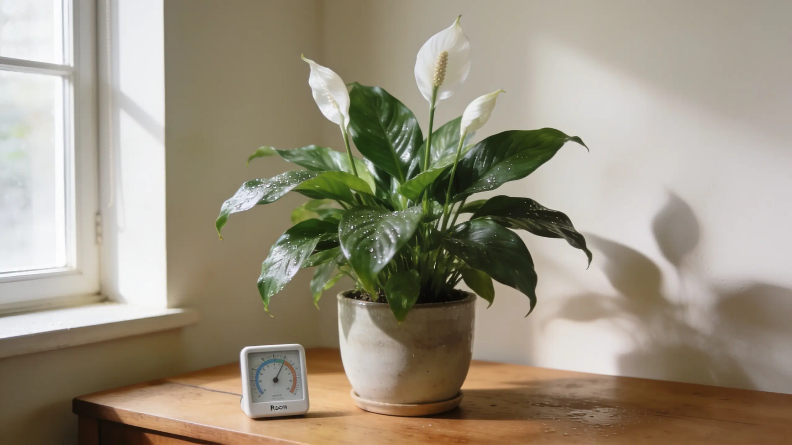 Peace lily plant indoors with thermometer and humidity gauge showing ideal growing conditions in a natural home setting.