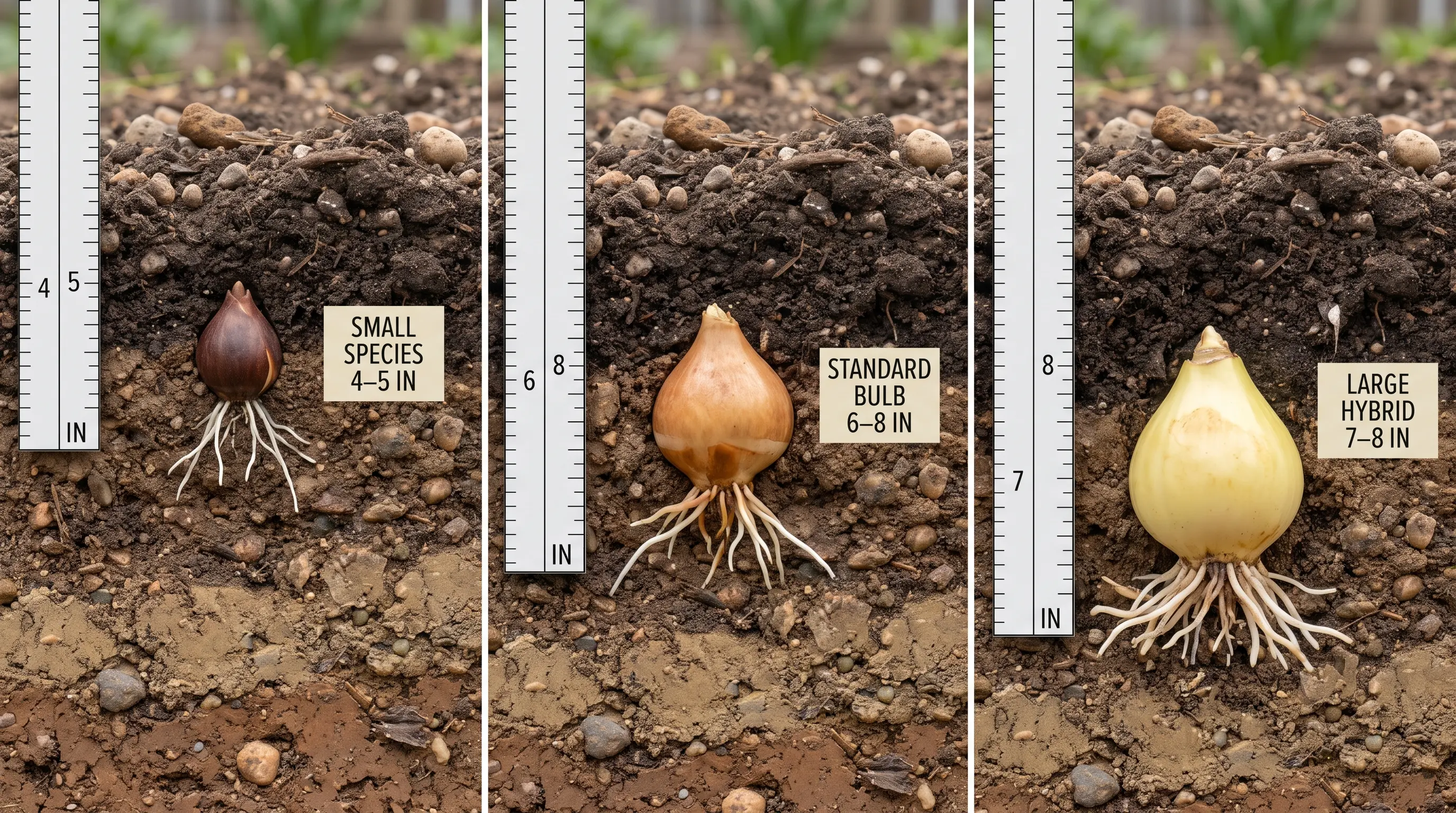Comparison of small, standard, and large tulip bulbs planted at different depths