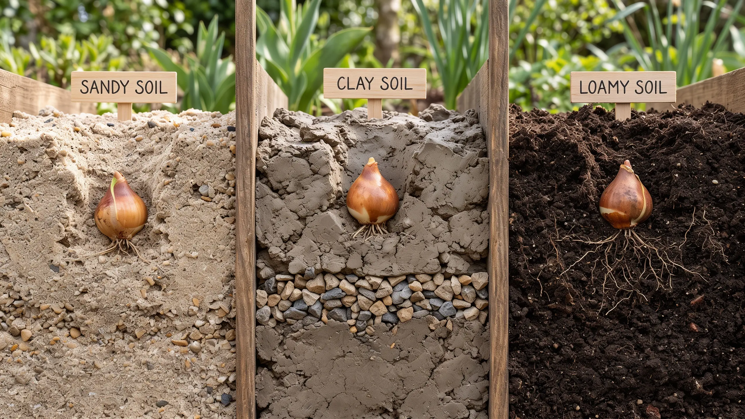 Tulip bulbs planted in sandy, clay, and loamy soil types at suitable depths