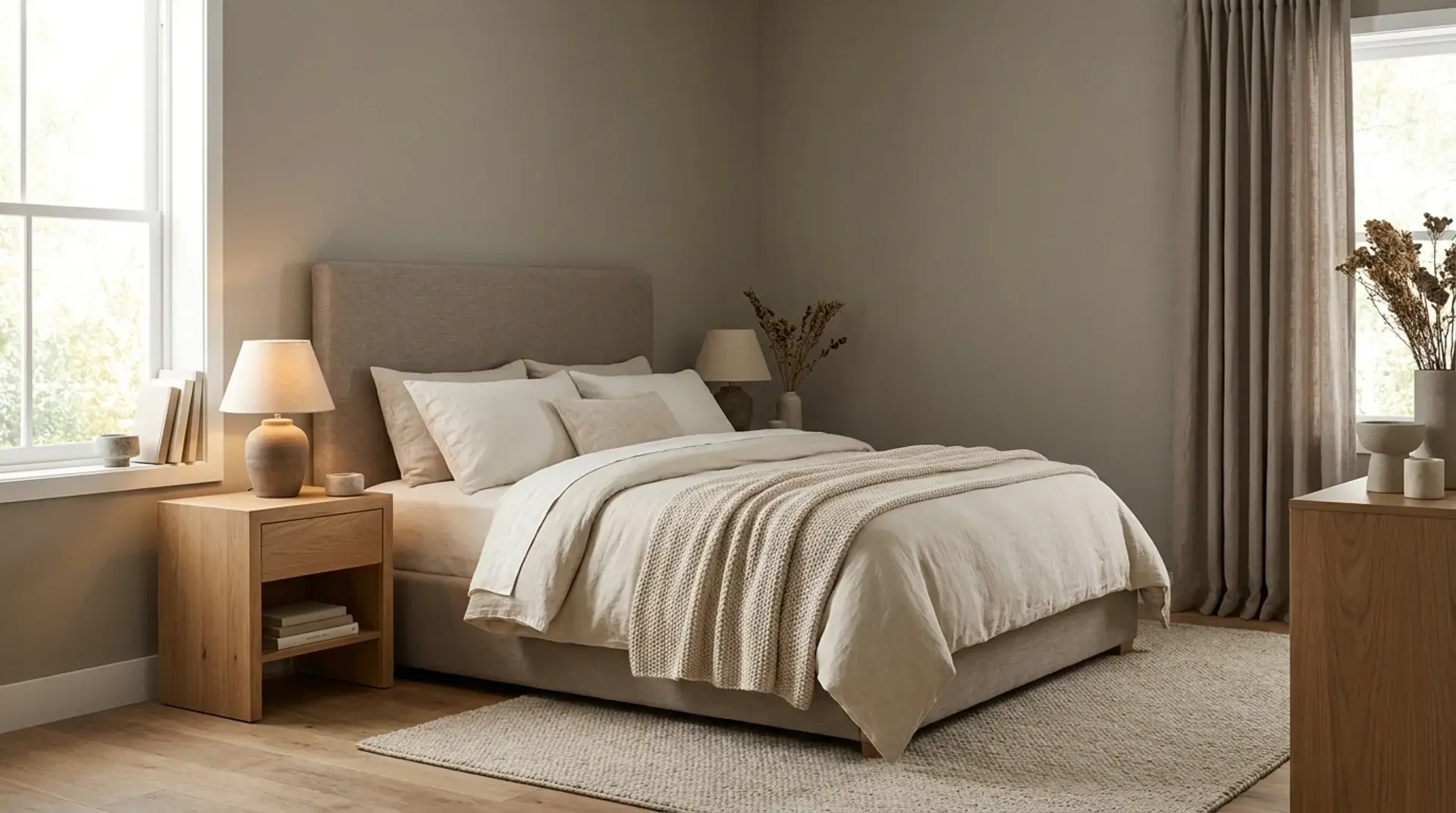 Taupe bedroom with warm gray-brown walls, linen bedding, wood furniture, and layered textures.