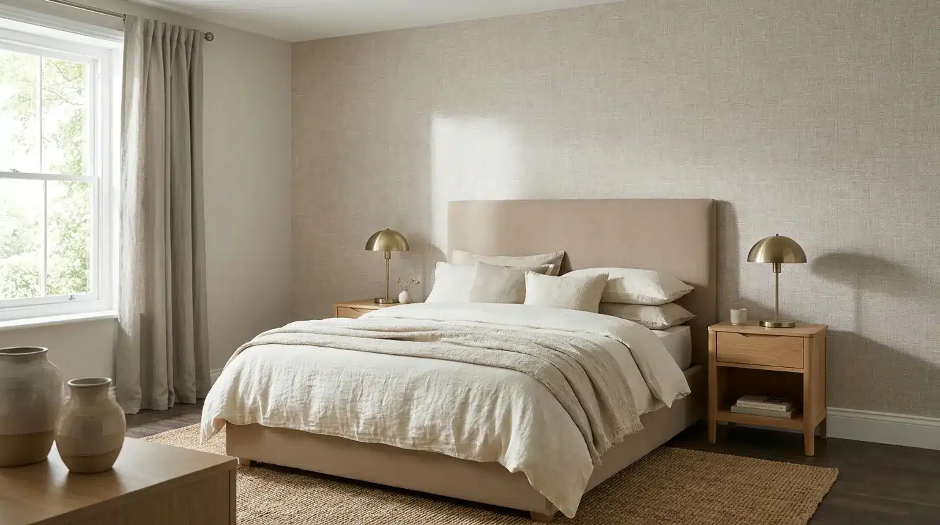 Neutral bedroom with textured beige wallpaper, upholstered bed, linen bedding, and warm natural decor.