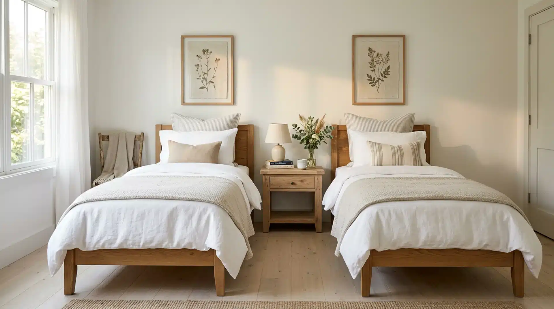 Guest bedroom with two twin beds, a centred nightstand, and matching art above each in morning light.