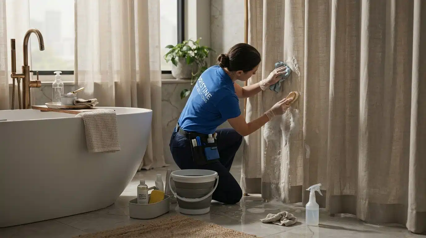 Shower curtain showing gentle foaming reaction from vinegar and baking soda used for natural stain and residue cleaning.