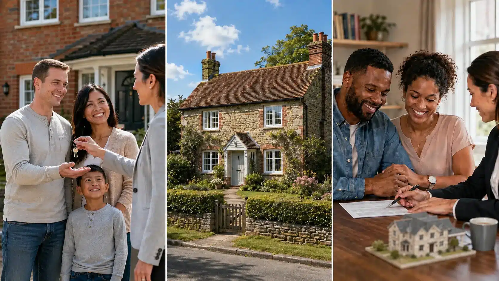Three-panel image showing VA loan home purchase, USDA rural house, and buyers meeting an advisor for down payment assistance.