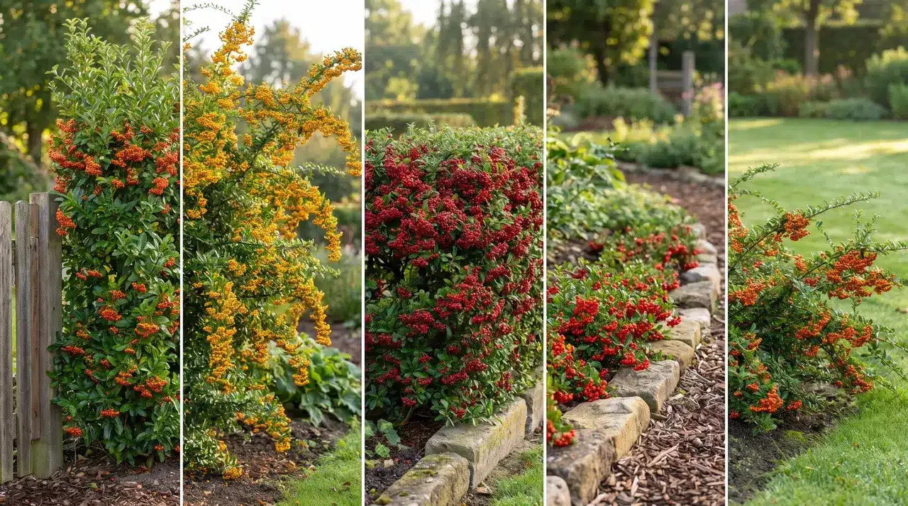 Side-by-side comparison of Pyracantha hedge varieties showing differences in size, growth habit, and berry color.