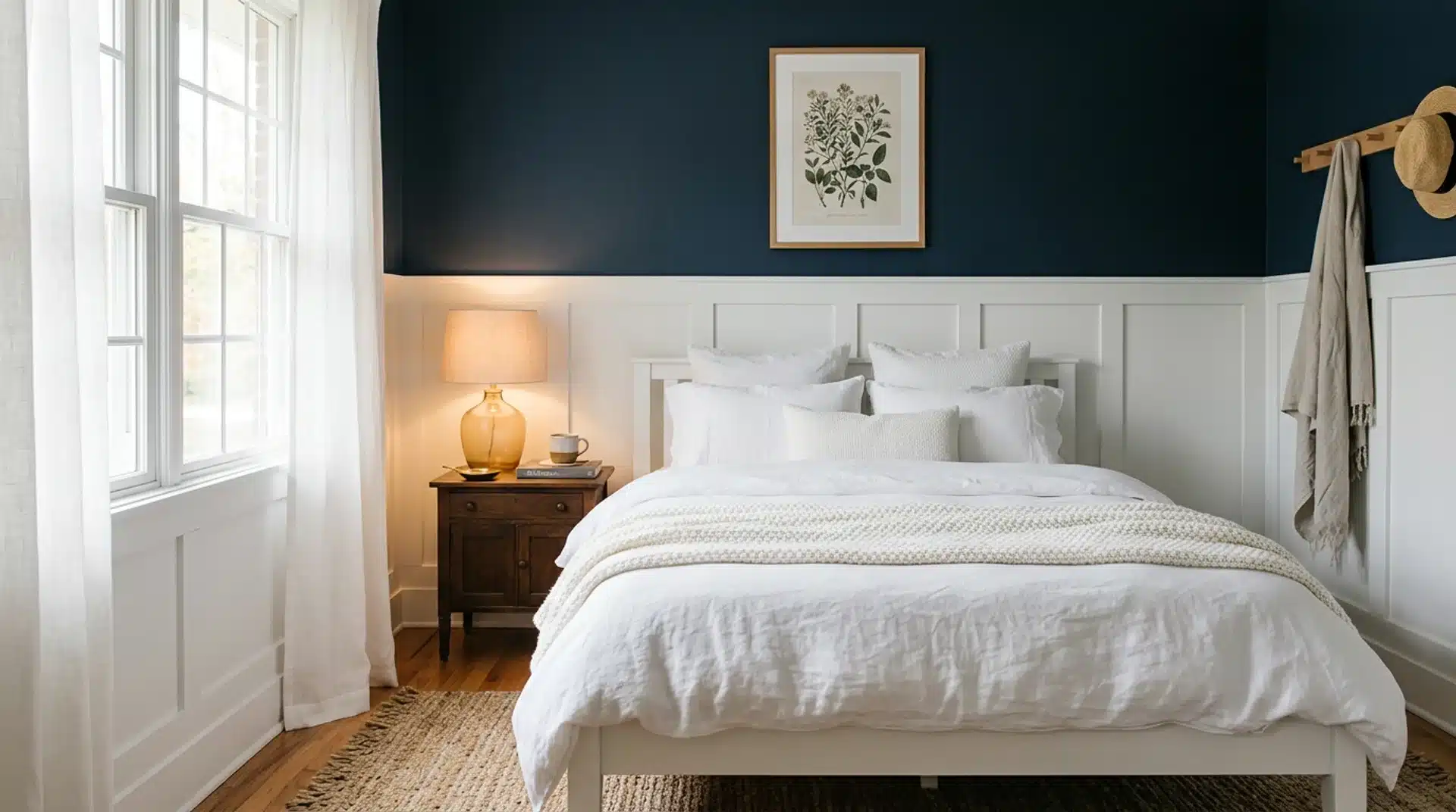 Guest bedroom with white wainscoting, deep navy wall above, white bed, and warm bedside lamp.