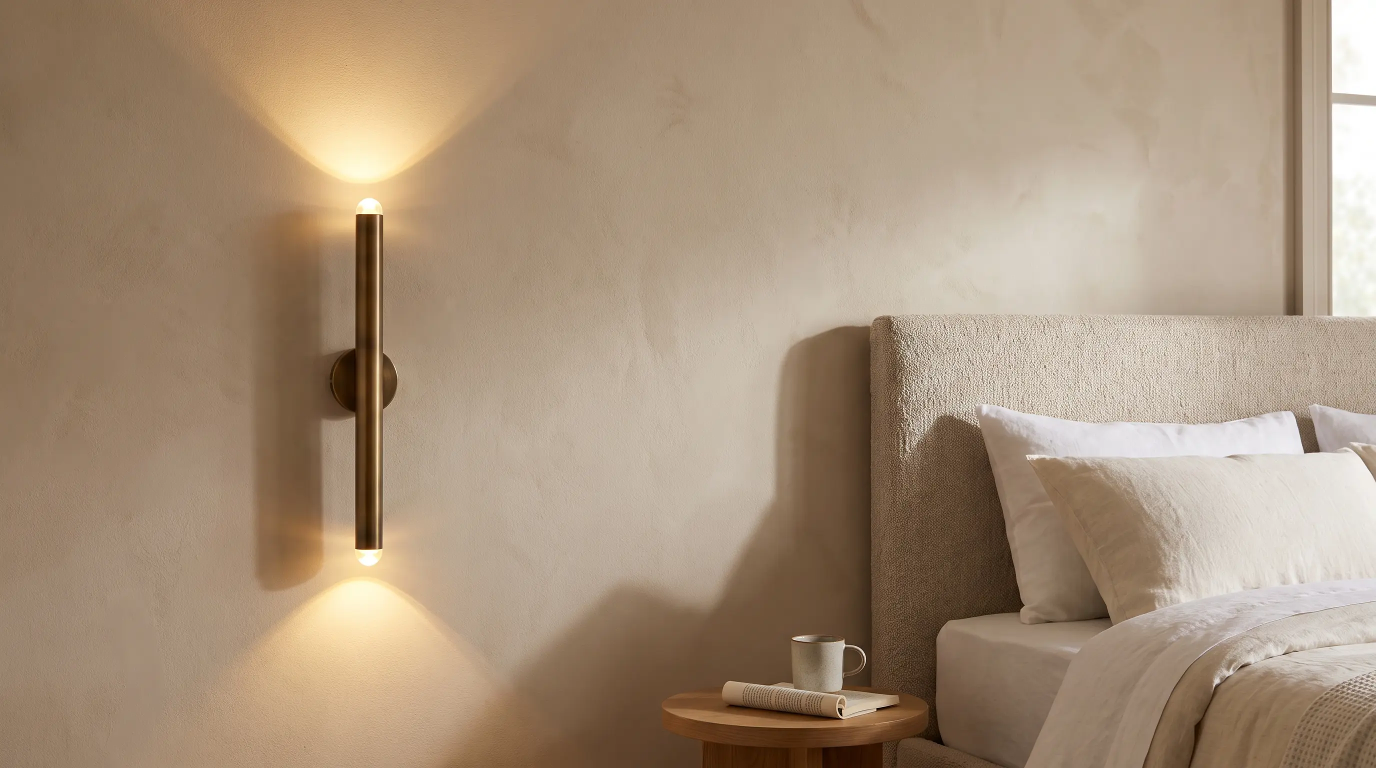Minimalist brass wall sconce casting warm light beside a guest bedroom bed.