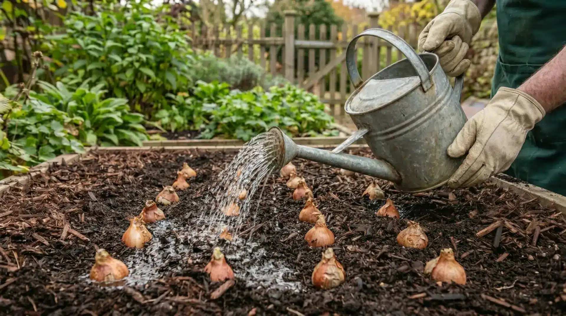 Gardener watering newly planted daffodil bulbs with a watering can