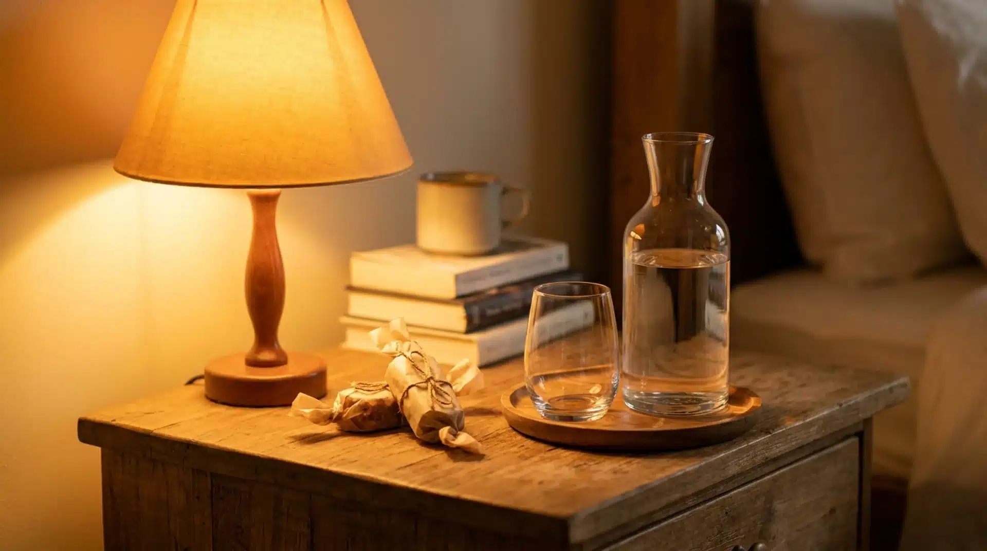 Guest bedroom nightstand with a glass water carafe and wrapped snacks on a small wooden tray.